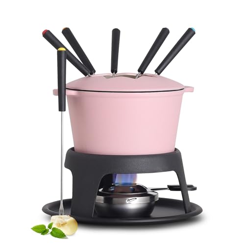 Artestia Juego de ollas de hierro fundido para fondue de chocolate, juego de fondue de camping con 6 tenedores de fondue, juego de fondue de queso de 11 piezas para 6 personas (rosa)