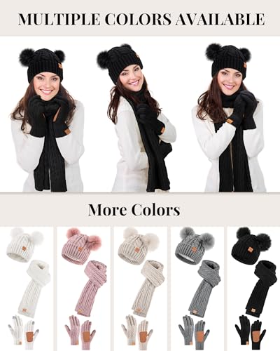 Winuesa Mütze, Schal & Handschuh-Sets für Damen, Beanie Mütze Damen Winter mit Bommel Fleece Gefütterte, Touchscreen Handschuhe Schal Mütze Damen 3 in 1 Geschenk Set(Schwarz)