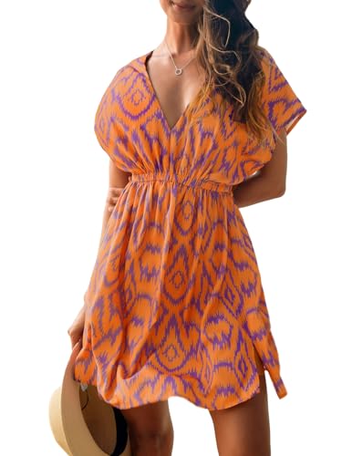 Image of CUPSHE Women's Swimsuit Coverup Casual V Neck Beach Dress Short Sleeve Elastic Waist Swimwear Cover Ups 2026 Beachwear