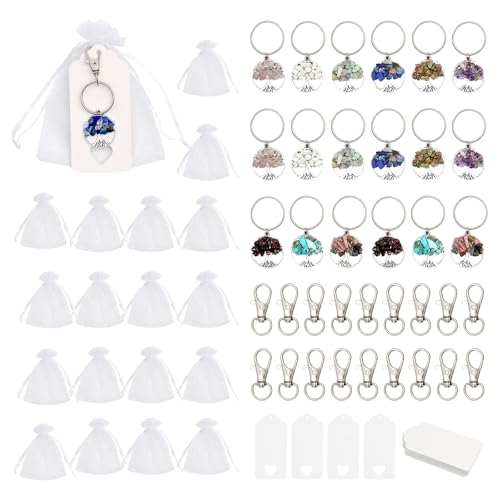VEGCOO 18 Ciondolo Albero della Vita Set, Albero della Vita Portachiavi Pietra di Cristallo Naturale con Sacchetto in Organza e Etichette di Carta, Feste Bomboniere per Battesimo Comunione Matrimonio