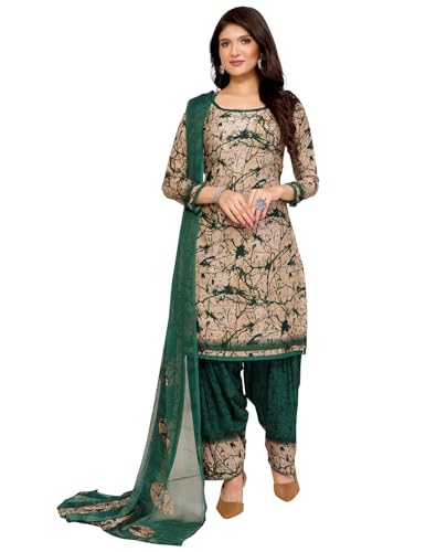 Image of Yashika Women's Printed Dress Material - Unstitched Crepe Fabric Kurti, Pants & Dupatta Set