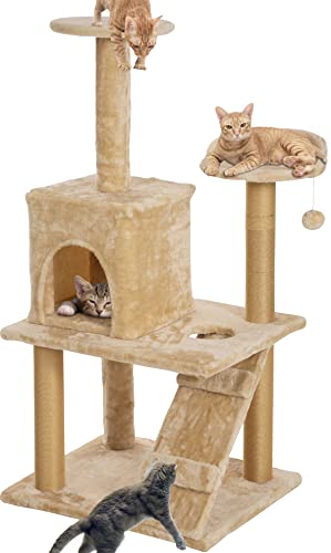 Image of Callas Large Cat Tree Tree with Sisal Scratching Posts, Dangling Balls, Stairs and 1 Big House | Cat Tower Furniture Kitty Activity Centre Kitten Play House (Height-46 Inch|Cat-401-Cream)