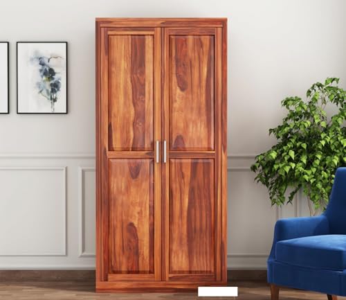 Image of Solid Wood 2-Door 5 Shelf Wardrobe Cupboard Almirah: Elegant Storage Solution for Clothes (Teak) (B-Hony)