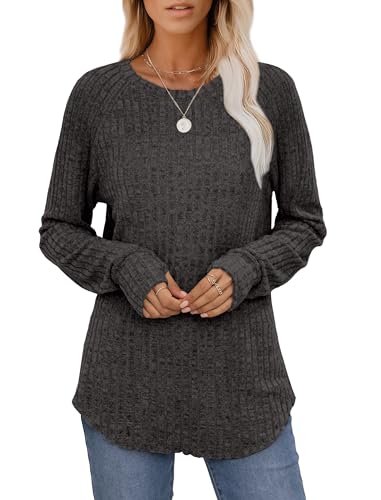 Image of Saloogoe Women's Long Sleeve Top Crewneck Basic Lightweight Fall Shirt with Thumb Hole