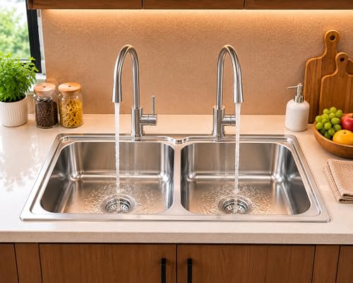 Image of Stainless Steel Kitchen Sink 45x20 Inch | Double Bowl Kitchen Sink | With Stainless Steel Waste Coupling & PVC Pipe | Heavy Gauge & Corrosion Resistant