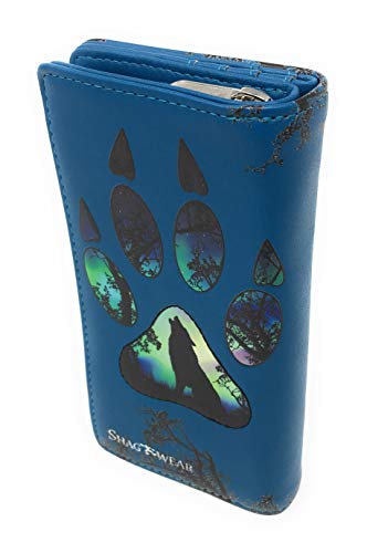 Shag Wear Wolf Paw Large Animal Print Wallet for Women and Teen Girls Vegan Faux Leather 7" Blue2