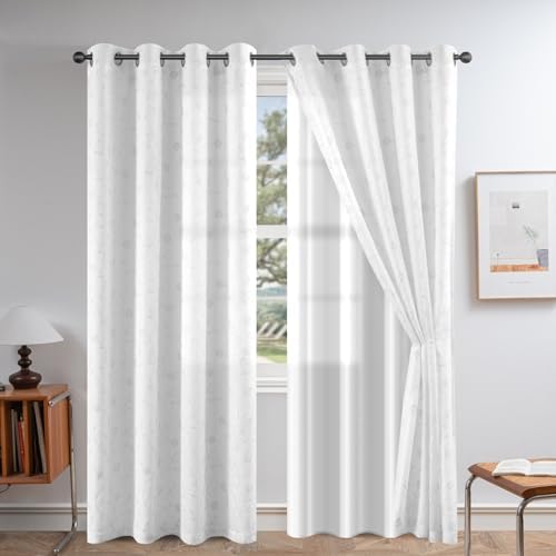 Petrichor White Luxury Double Layer Curtains, Satin-Lined Voile E...