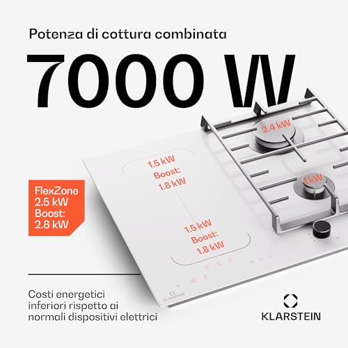 Klarstein MultiChef 4 - Piano Cottura A Induzione E Gas, 4 Zone, 7Kw, Flexzone, Stop&Go, Timer, Bianco, 58,5 Cm, Piano Cottura A Gas & Induzione, Controllo Con Cursore, Supporti In Ghisa - 3