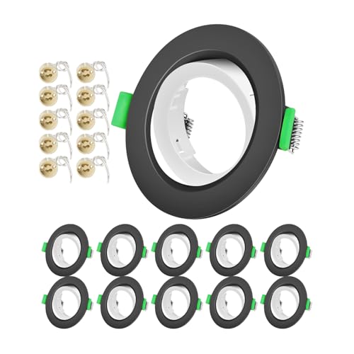Tofisr - Foco empotrable (GU10, 10 piezas, marco de montaje, negro, exterior y blanco, interior con casquillo cerámico, diámetro 75 mm, orientable 35°, para lámparas LED