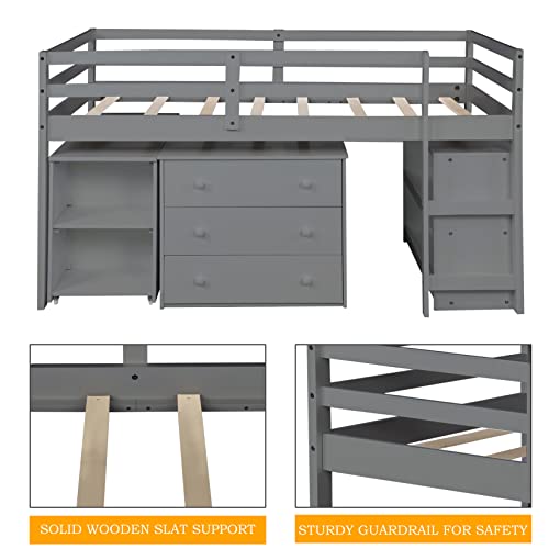 Low Loft Bed Wood Loft Bed Frame With Storage Cabinet And Rolling Portable Desk For Kids And Teen, Boys, Girls, Twin,Gray #TOP4