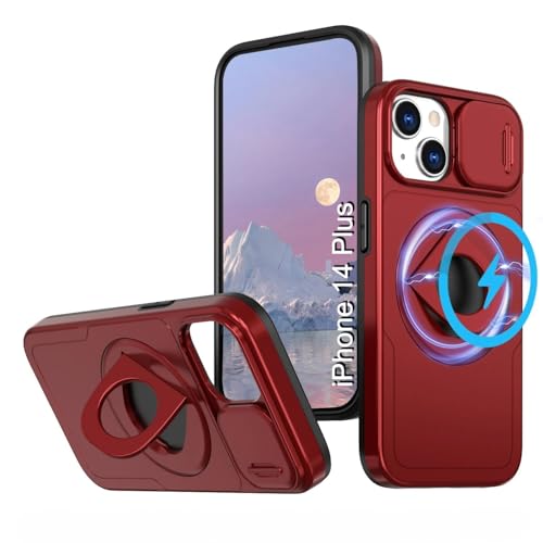 Image of LuxuryKase MagSafe Shockproof Rugged Back Case for iPhone 14 Plus | Finger Ring Kickstand & Sliding Camera Cover | Military Drop Protection | Wireless Charging Support - Red