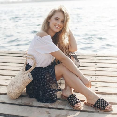 Image of Ruiee Wide Width Flat Sandals for Women. | Wide Width Sandals, X-Wide Feet Slides, Summer Braided Flat Slides, Versatile, Fashion Comfort