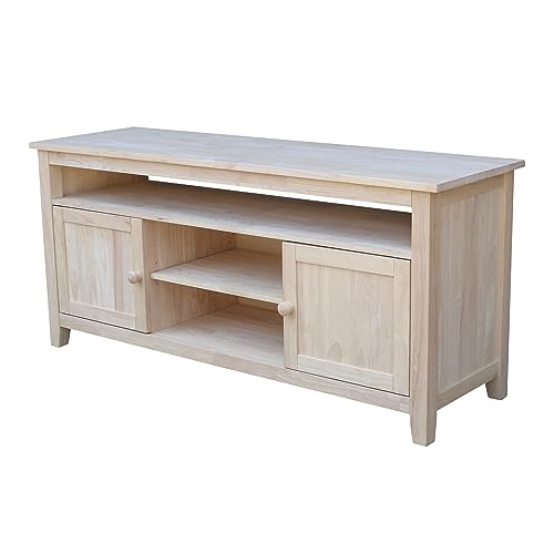 Entertainment TV Stand with 2 Doors Unfinished Solid Parawood 57"W x 18"D x 26"H, Paint or Stain in Any Color, Center Shelf 20.03''W x 15.24''D, Durable Wood Furniture, Living Room/Bedroom