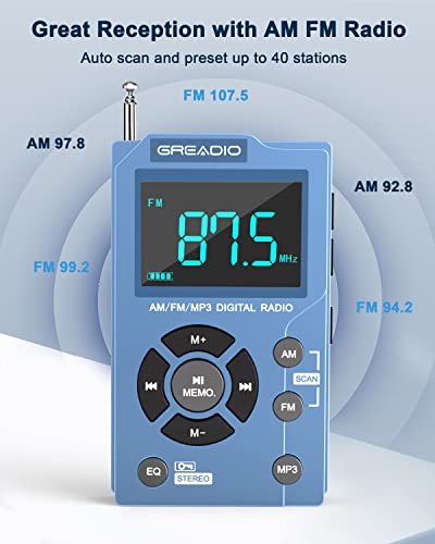 Greadio Radios Portable Am Fm With Mp3 Player, Best Reception Pocket Radio, Large Lcd Screen And Easy To Use, 6 Eq Stereo Earphone Jack Walkman Radio, For Jogging, Walking, Camping Am Fm Radio #TOP1