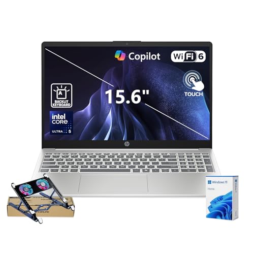 Image of HP 15.6 Premium Laptop, 15.6 inch FHD 1920*1080 Touchscreen, Intel Core Ultra 5 225U for Multitasking, 32GB DDR5 RAM, 1TB SSD, Wi-Fi 6, Backlit & Numeric Keyboard, Win11 Home, White, w / PCO Laptop Cooler