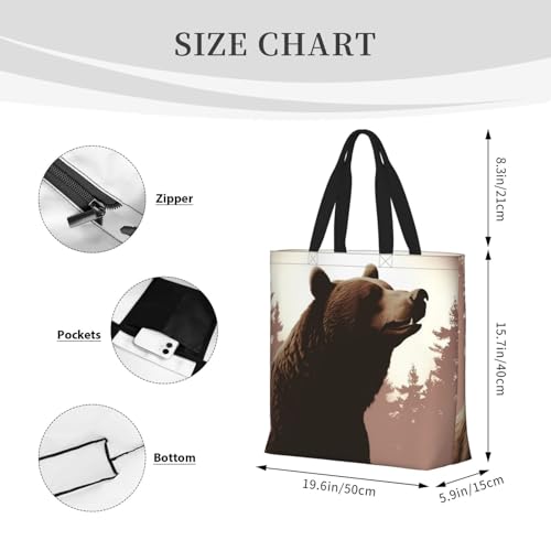 Wild Bear Tote Bag for Women, Zipper Casual Tote's Handbag for Travel, Work, Lightweight Laptop Bags Big Capacity Shoulder Bag Reusable Grocery Shopping Bags3