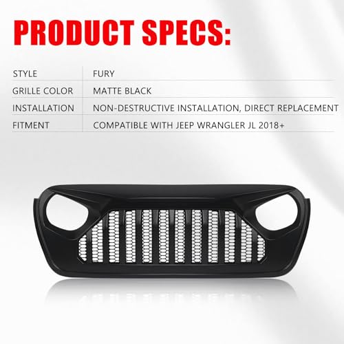 DKMGHT Front Grill with Grille For Jeep Wrangler JL JLU 2018, 2019, 2020, 2021, 2022 & Gladiator JT (Matte Black Fury) by DKMGHT - Image 6