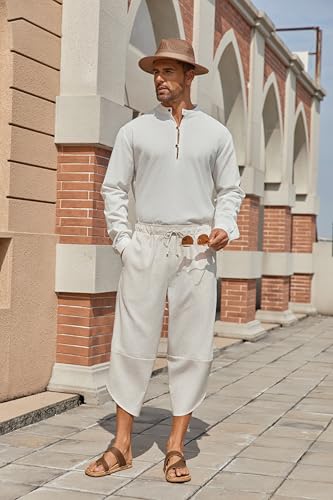 COOFANDY Men's Linen Harem Capri Pants Lightweight Loose 3/4 Shorts Drawstring Elastic Waist Casual Beach Boho Yoga Trousers4