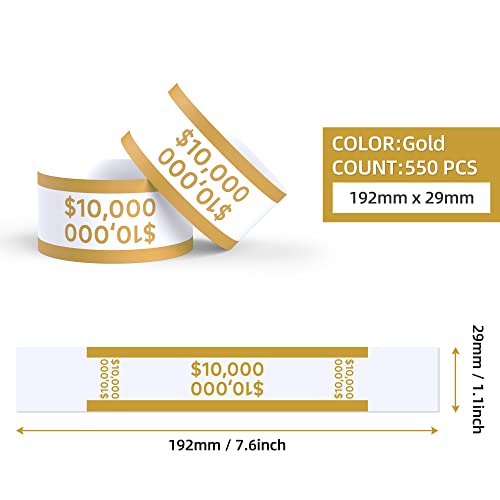 Money Bands 550 Pack for Cash Self Adhesive Wrappers for Bills Currency Straps for Dollar Wraps Organizer($10000 / Gold)