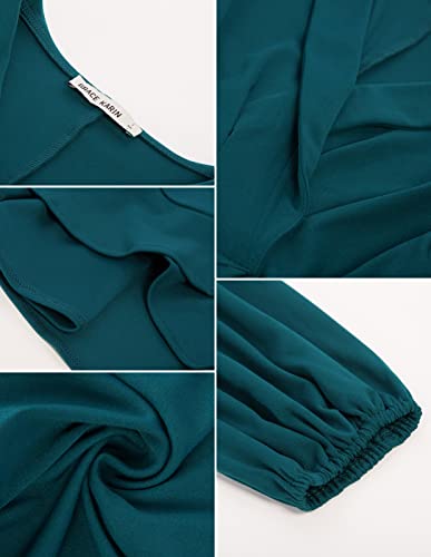 Wrap V Neck Tops For Women Lantern Sleeve Casual Peplum Blouse Solid Color Slim Fit Lapel Top Dark Green Xl #TOP6