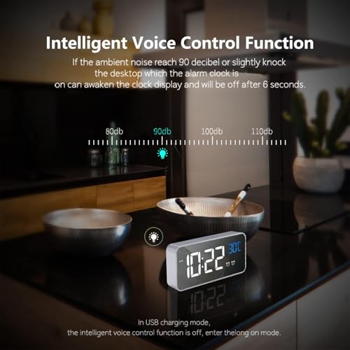 Image of LATEC Digital Bedside Clock with Big LED Temperature Display - Alarm with 10 Sounds, USB Charging, 4 Levels Brightness Dimmer, Snooze, Portable Mirror, Dual Alarm - Silver
