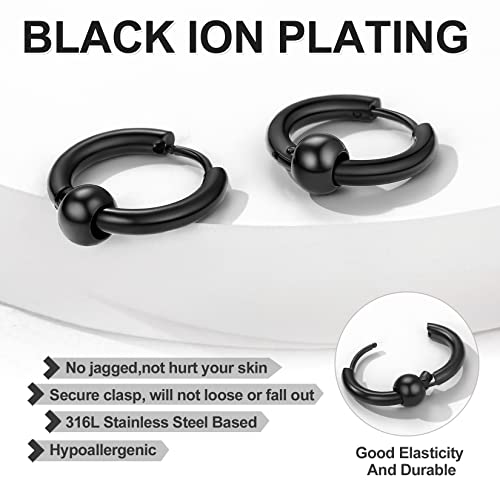 Mens Hoop Earrings With Balls,Surgical Steel Black Circle Beads Ball Hoop Earrings Cartilage Huggie Hinged Biker Hoop Earrings For Men Women,Hypoallergenic For Sensitive Ears #TOP2