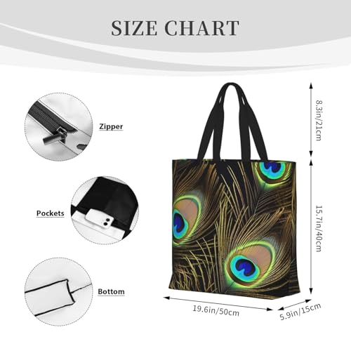 Peacock feathers Tote Bag for Women, Zipper Casual Tote's Handbag for Travel, Work, Lightweight Laptop Bags Big Capacity Shoulder Bag Reusable Grocery Shopping Bags3