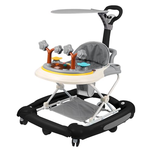 Homewell Andador 3 en 1, caballo balancín, trona de altura ajustable, con centro de aprendizaje y protección solar, andador de desarrollo, para niños de 6 a 24 meses (negro)