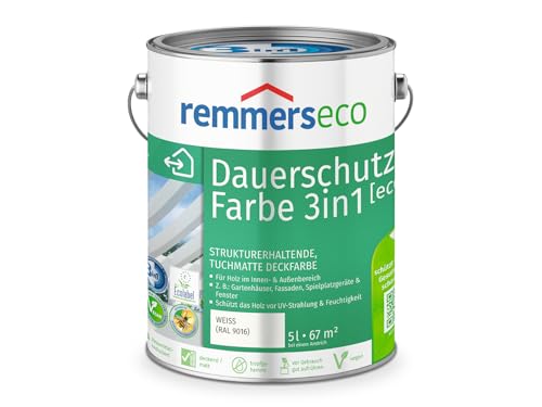 Remmers Dauerschutz-Farbe 3in1 [eco] weiß (RAL 9016), 5 Liter,für innen und außen, 3in1: Isoliergrund, Zwischen- und Schlussbeschichtung