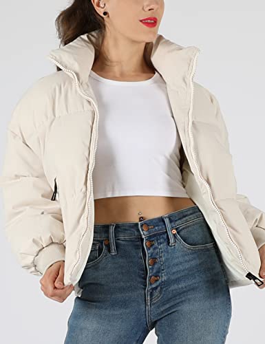 Seeksmile Puffer Jackets For Women Baggy Warm Stand Collar Long Sleeve Full Zip Short Puffy Down Jacket Coat (Beige, Medium) #TOP4
