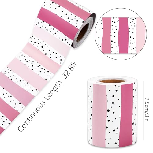 Image of Whaline 32.8ft Classroom Bulletin Board Borders Gradient Pink Color Stripe Polka Dot Die-Cut Rolled Border Trim for Teacher Chalkboard Wall Decoration