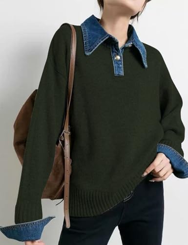 Image of Womens Denim Lapel Sweater Oversized Long Sleeve Button Down Polo Knit Pullover Sweaters 2025 Fall Outfits