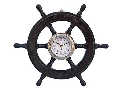 Hampton Nautical Deluxe Class Black Wood and Chrome Pirate Ship Wheel Clock 18" - Pirate Decor - Nautical Home Decoration