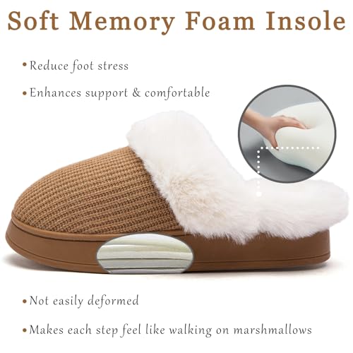 Women's Fuzzy House Slippers Comfy Memory Foam Bedroom Slippers Warm Knit Fluffy Plush Slip-on House Shoes Indoor Outdoor (B777 Khaki 5-6)3