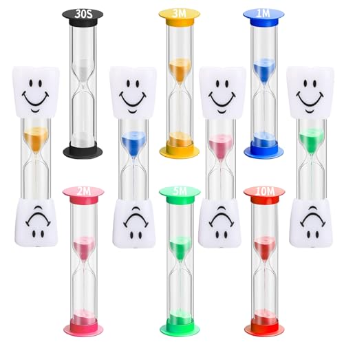 GENHH 10 Pièces Minuteur sablier 6 Couleurs 30s/1/2/3/5/10 Minutes Sablier Brossage Dents Enfant Hourglass Sabliers Souriants pour Enfant pour Jeux Brossage Exercice Etude
