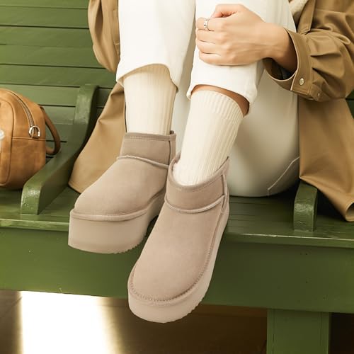 DREAM PAIRS Platform Winter Boots for Women Genuine Suede, Wide Toe Water Slip Resistant Ankle Mini Snow Boots Lined Fur with Lightweigt Memory Foam Insole Outdoor,Size 9,Sand,SDSB25005W