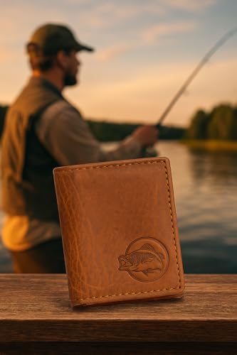 MARSHAL Genuine Leather RFID Blocking Bass Fish Wallet for Men – Bifold & Trifold Fishing Wallets with Debossing Design (Trifold Brown)2
