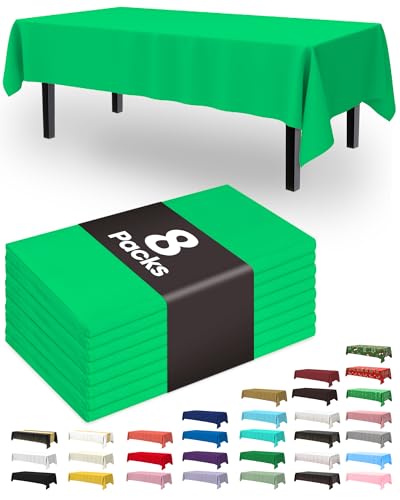Pureegg Plastic Table Cloth Disposable 8 Pack, 54 x 108 Inch Table Cloths, St Patricks Day, Christmas Decorations, Tablecloths, Rectangle, Forest, Emerald, Plastic Cover, Leakproof & Sturdy, Green