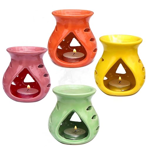 Image of Pure Source India Ceramic Aroma Oil Burner Pack of 4 (Green, Purple, Orange, Yellow)