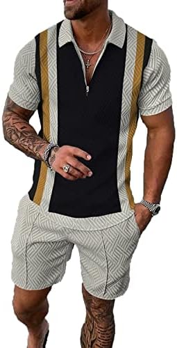 Size 2XL Black Gold Mixed Vertical Stripe Mens Short Sets 2 Piece Outfits Polo Shirt Fashion Summer Tracksuits Casual Set Short Sleeve and Shorts Set for Men