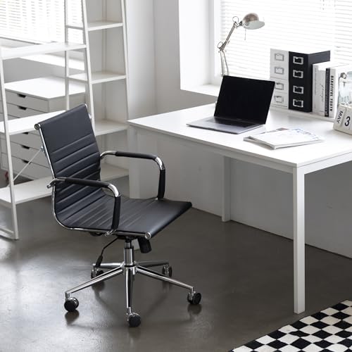 NEO-CHAIR-Office-Chair-Reception-Guest-Desk-Chairs-Conference-Ergonomic-Mid-Back-Leather-Modern-Executive-Ribbed-Height-Adjustable-Swivel-Rolling-Home-PU-Computer-2-Black
