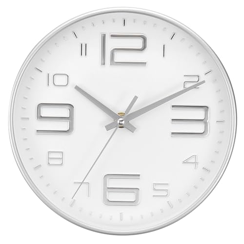 PATIKIL 8 Inch Wall Clocks, Quartz Battery Operated Silent Non-Ticking 3D Numbers Round Wall Clocks Decorative for Office Bedroom Living Room, Silver Tone/White, Style 2