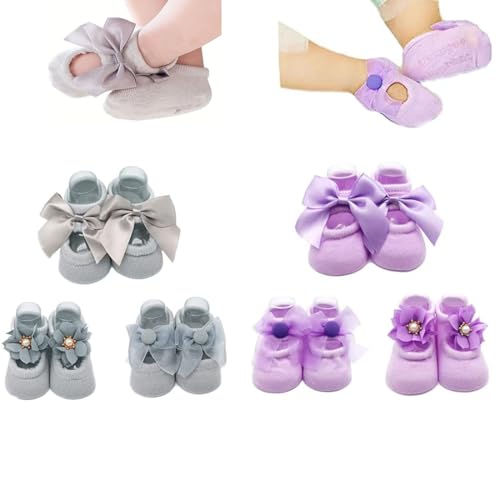 Image of Sywwlov 6Pairs Non-skid Baby Girls Lace Ankle Socks Newborn Toddler Cotton Flower Bowknot Walker Socks 0-24M
