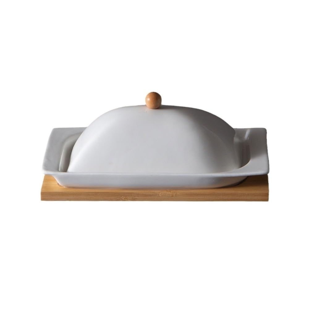 recipiente para mantequilla, Mantequillera de cerámica rectangular con tapa y base madera