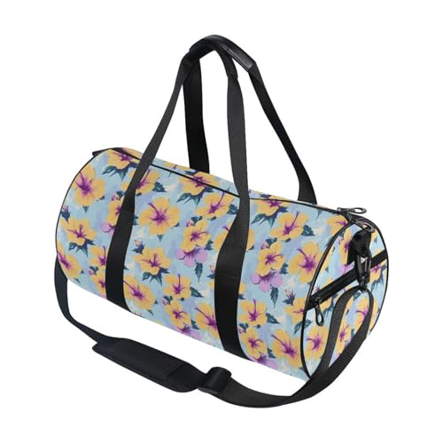 Yellow Hibiscus Flower Sports Duffel Bag Barrel Gym Bag with Large Main Compartment, Side Pocket and Zippered Pouch Full Print Design for Fitness Short Trips and Outdoor Sports