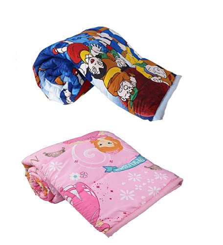 Manonita Enterprises Microfiber Cartoon Print Reversible Single Bed AC Blanket/Dohar/Quilt for Home Combo Set of 2 PC (Doraemon and Magic Princess Prints)