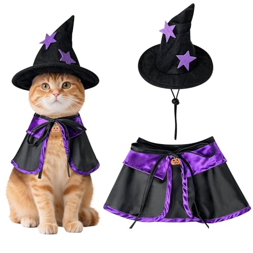 Halloween Cat Witch Costume – Adjustable Black & Purple Witch Cloak with Wizard Hat and Pumpkin Ornament– Perfect Halloween Outfit for Small and Medium Cats