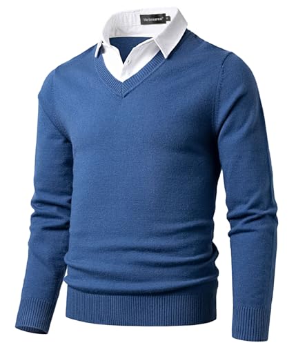 Harbrosrce Pull en Maille Fine Homme V Neck Chandail Classique avec Col de Chemise Automne Hiver Tricot Basique Pullover Uni Sweaters