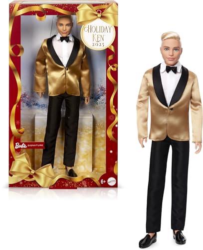 Barbie Signature 2025 Holiday Blonde Ken Collectible Fashion Doll Wearing Full Suit with Golden Jacket in Displayable Packaging & Doll Stand