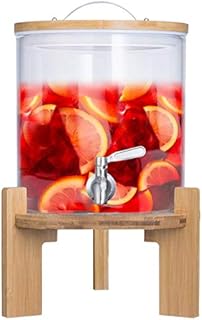 Drink dispenser with drip-proof tap made of stainless steel Glass water dispenser with bamboo stand and lid Lemonade dispenser made of heat-resistant borasilicate glass (5 litres)